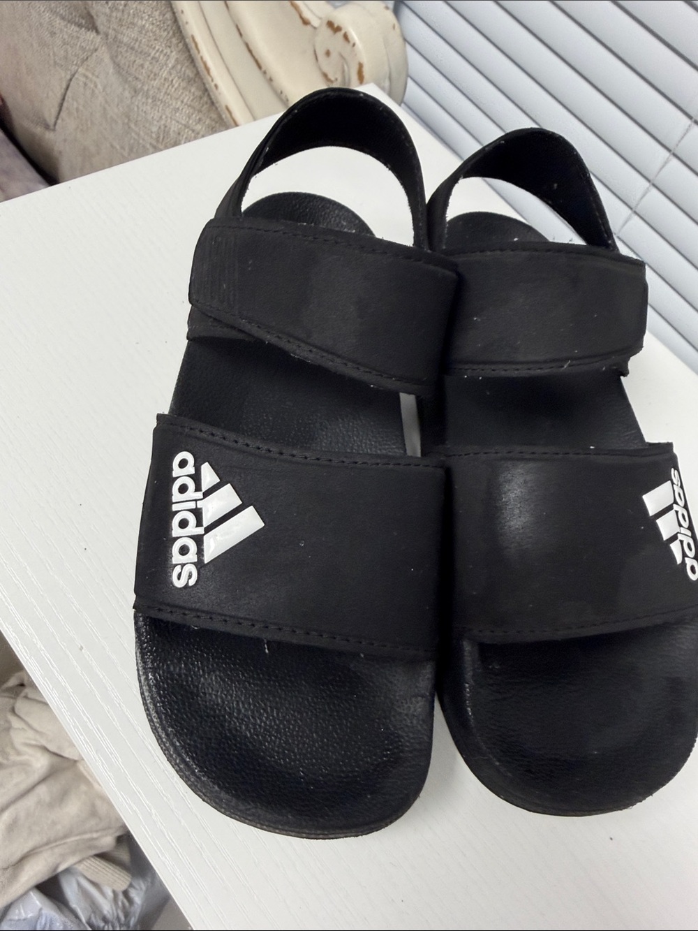 adidas Black Kids Double-Strap Slide Sandals with White Logo